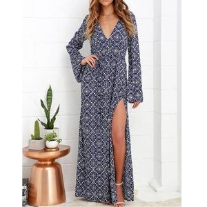 Lulus Mandala Daydream Blue Print Maxi Long Slit Dress XS